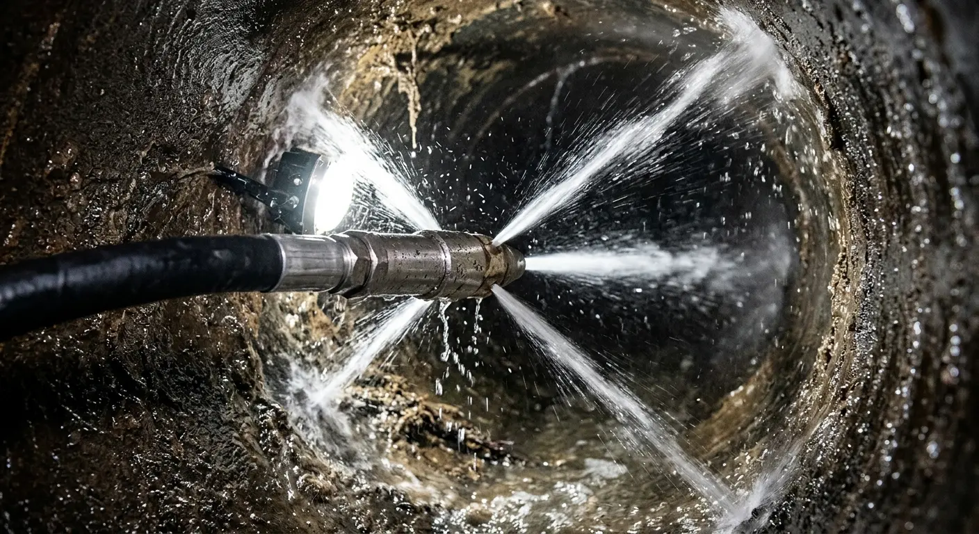 High-pressure hydro jetting nozzle cleaning sewer pipe for Trenchless Sewer Repair in West Odessa