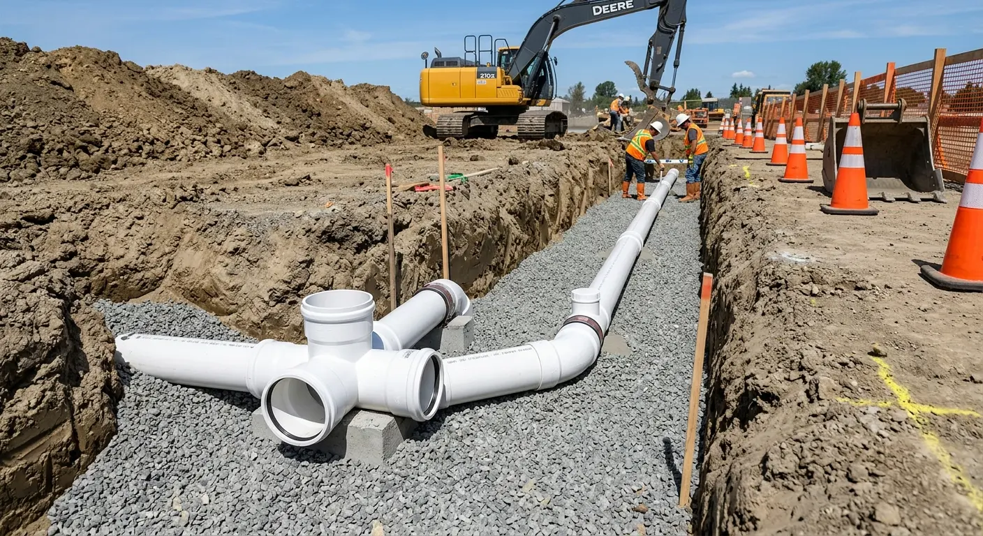New PVC sewer pipe installation in open trench for Sewer Backup in West Odessa