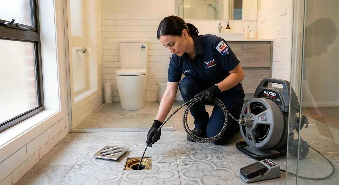 Technician clearing a bathroom floor drain for Drain Cleaning in West Odessa